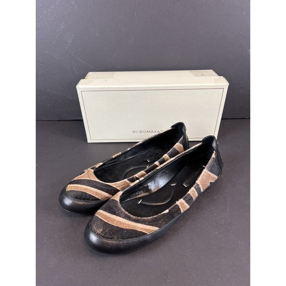 BCBGMAXAZRIA‎ MA-STELLA Size 10 BROWN/BLACK  LEATHER BALLET FLATS FAUX FUR